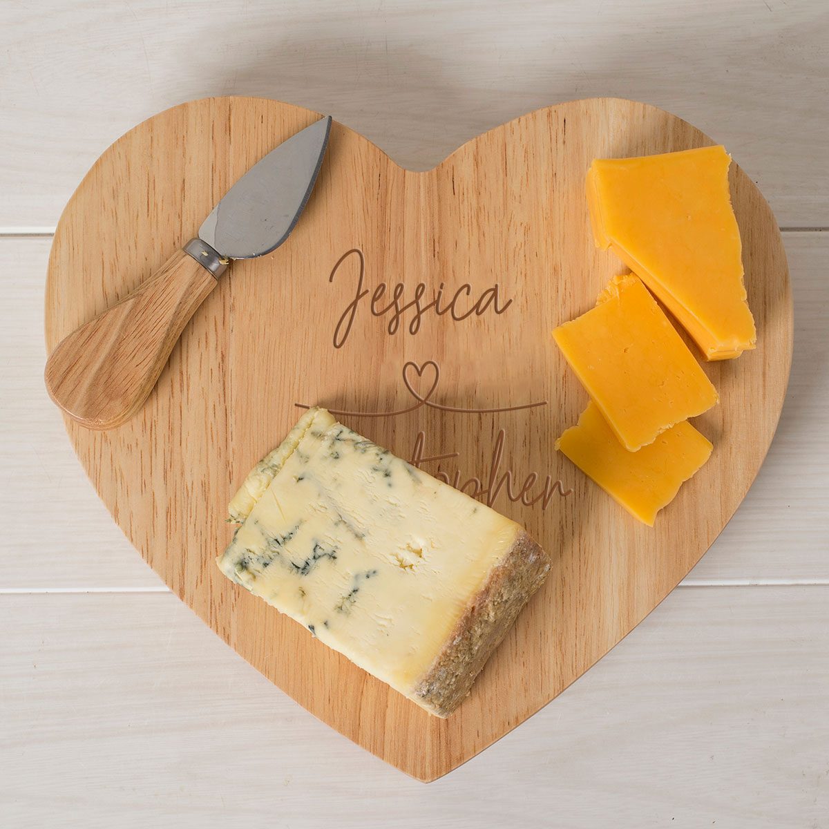 Personalised Heart-Shaped Wooden Cheeseboard - Love Story Couple