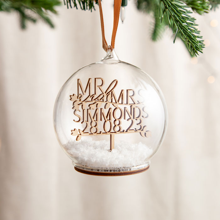 Personalised Couple's Cut Out Wooden Names and Date Christmas Bauble