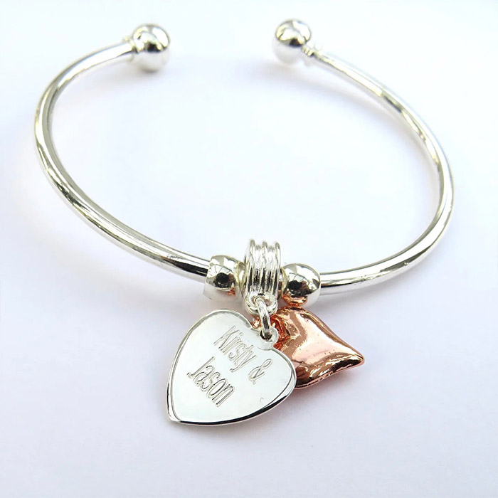 Personalised Franklin Bangle - Sterling Silver Heart Silver Plated Charm