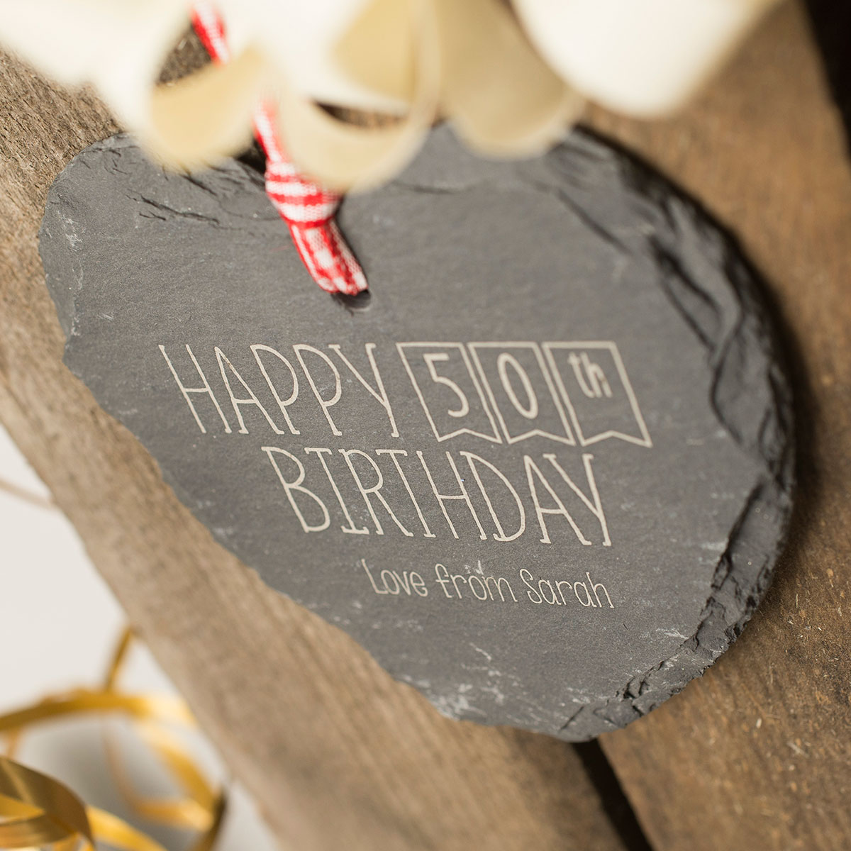 Engraved Heart Shaped Slate Hanging Keepsake - Happy 50th Birthday