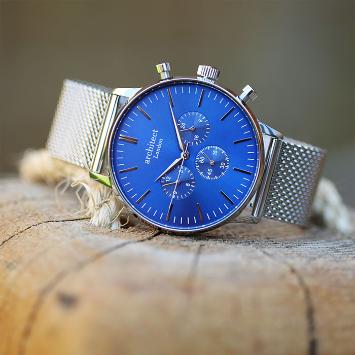 Men's Personalised Watch - Architect Motivator in Blue with Silver Mesh Strap