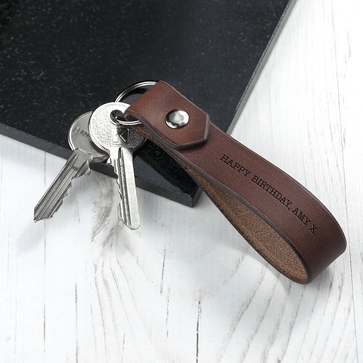 Personalised Key Ring - Brown Leather Loop